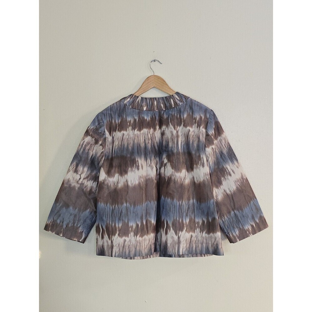 Chico’s Tie Dye Jacket Womens Size 2 L Blue Brown Cropped Snap Front Lightweight - Picture 9 of 11